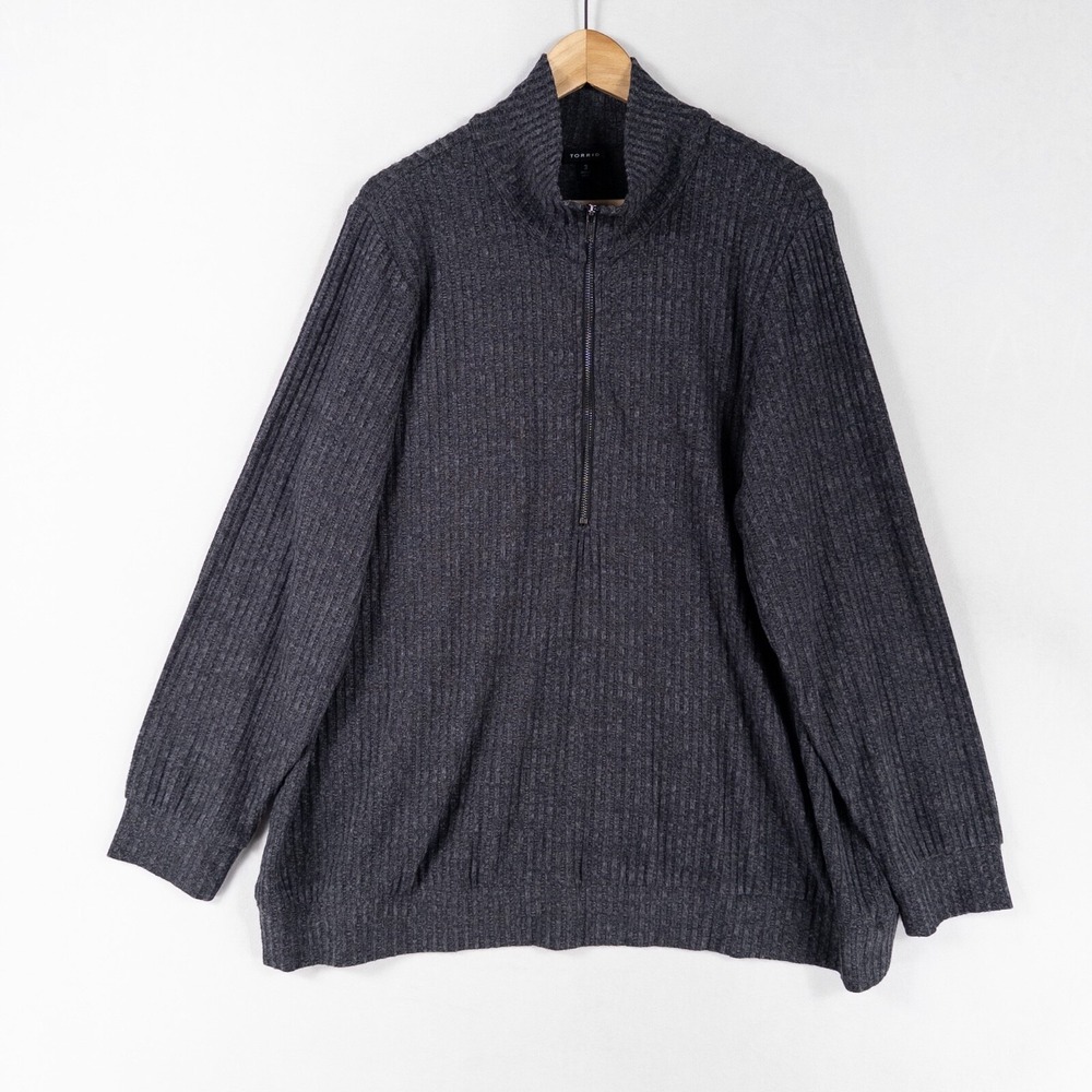 Torrid Top Shirt Women Sz 3X Dark Gray Rib Stretch Knit Mock Neck 1/2 Zip Casual